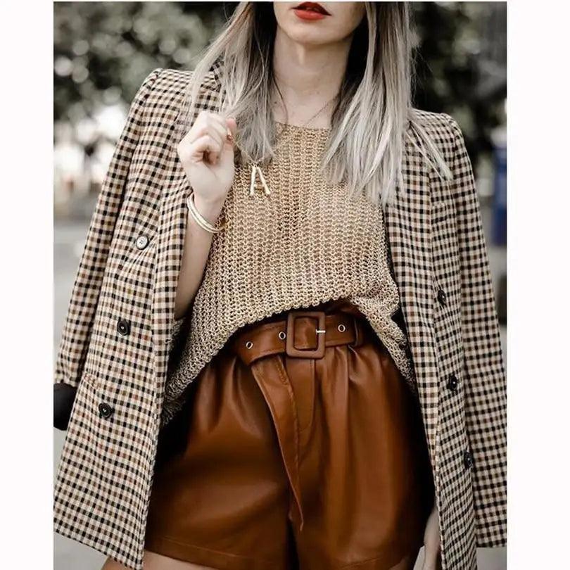 Women's Double Breasted Plaid Blazer Vintage Long Sleeve Jacket