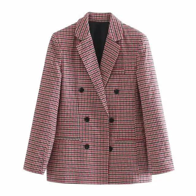 Women's Double Breasted Plaid Blazer Vintage Long Sleeve Jacket