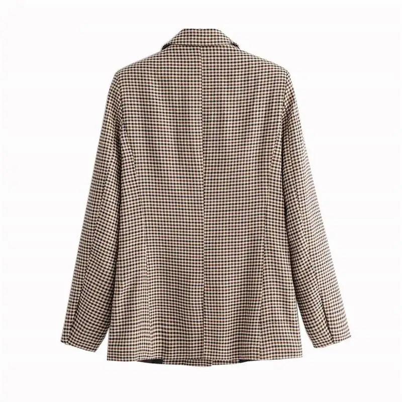 Women's Double Breasted Plaid Blazer Vintage Long Sleeve Jacket