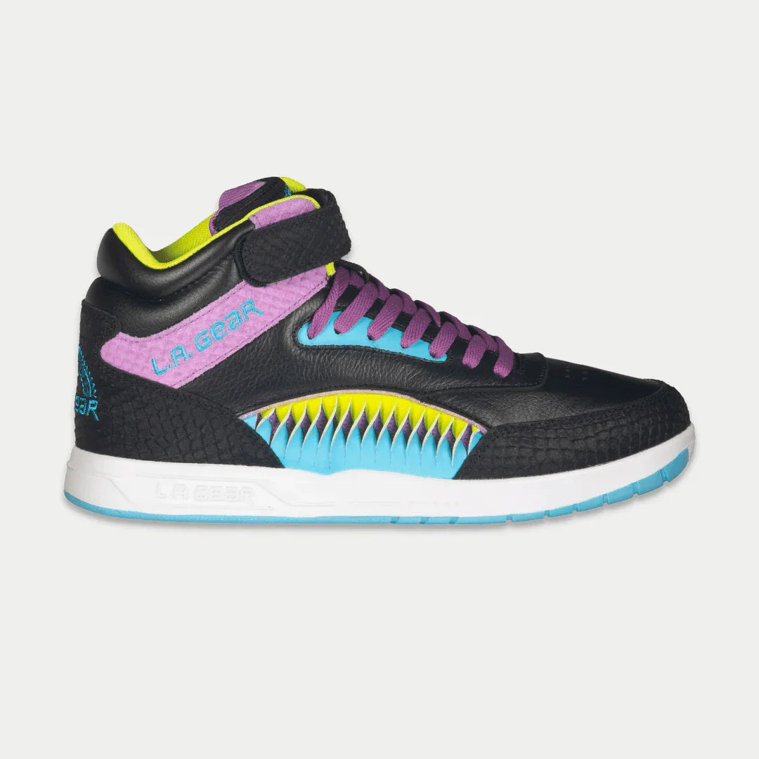 LA Gear Flame Hightop sneakers in black, purple, and turquoise genuine leather.