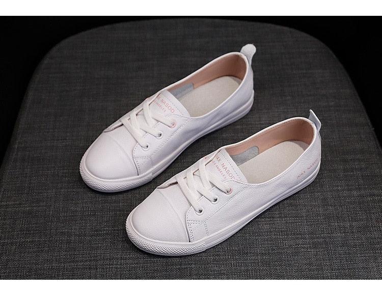 Women's White Leather Lace-Up Sneakers Casual Summer Flat Shoes