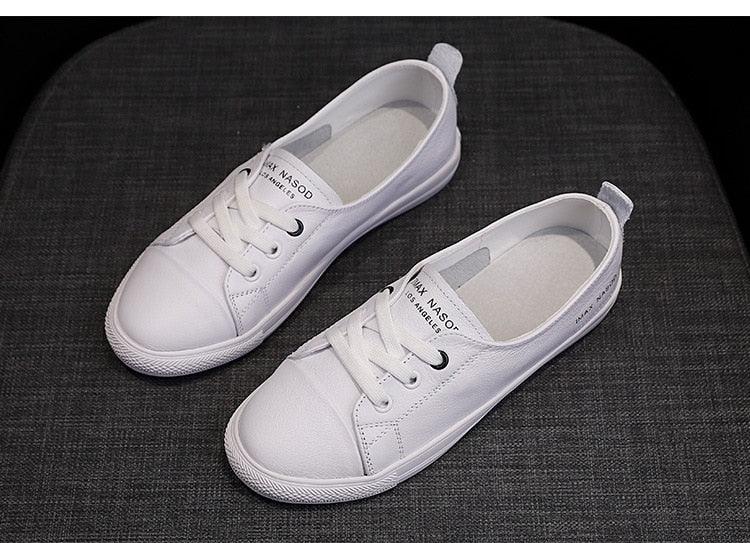 Women's White Leather Lace-Up Sneakers Casual Summer Flat Shoes