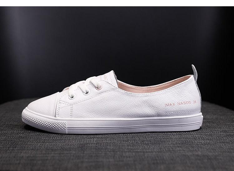 Women's White Leather Lace-Up Sneakers Casual Summer Flat Shoes