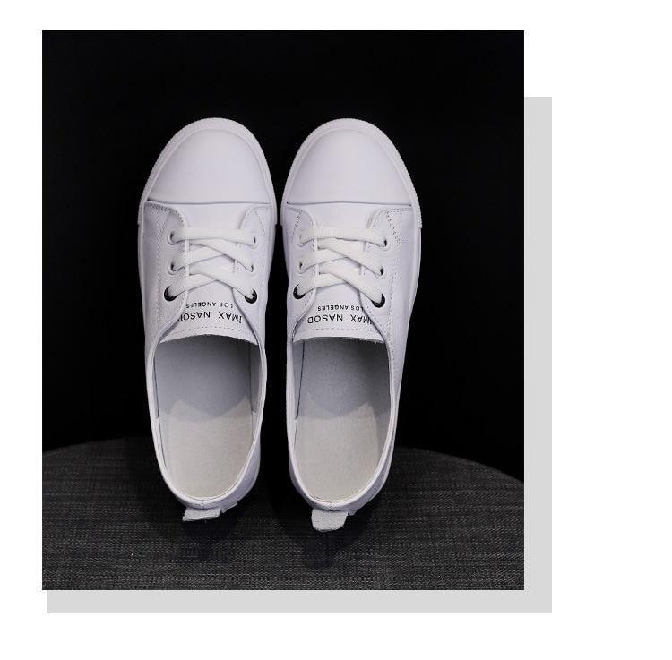 Women's White Leather Lace-Up Sneakers Casual Summer Flat Shoes