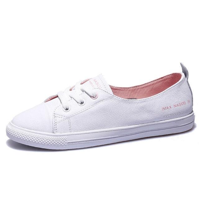 Women's White Leather Lace-Up Sneakers Casual Summer Flat Shoes
