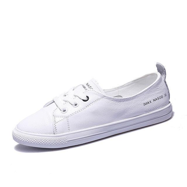 Classic white leather lace-up sneakers for women, summer fashion flat shoes