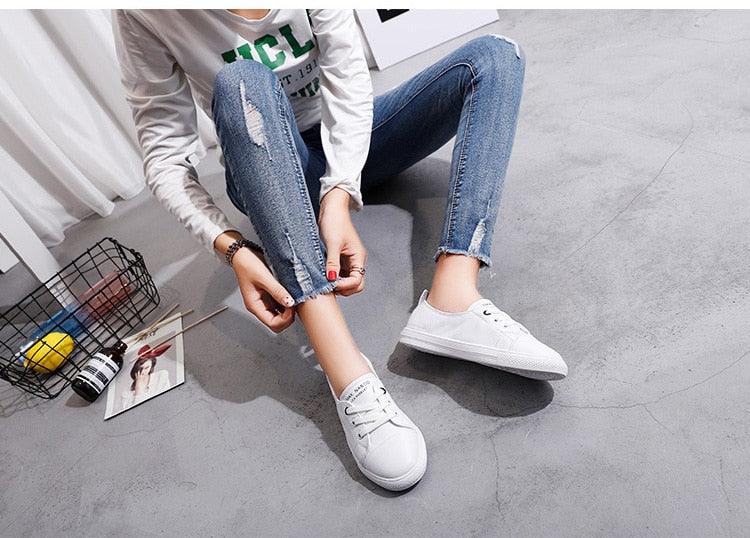 Women's White Leather Lace-Up Sneakers Casual Summer Flat Shoes