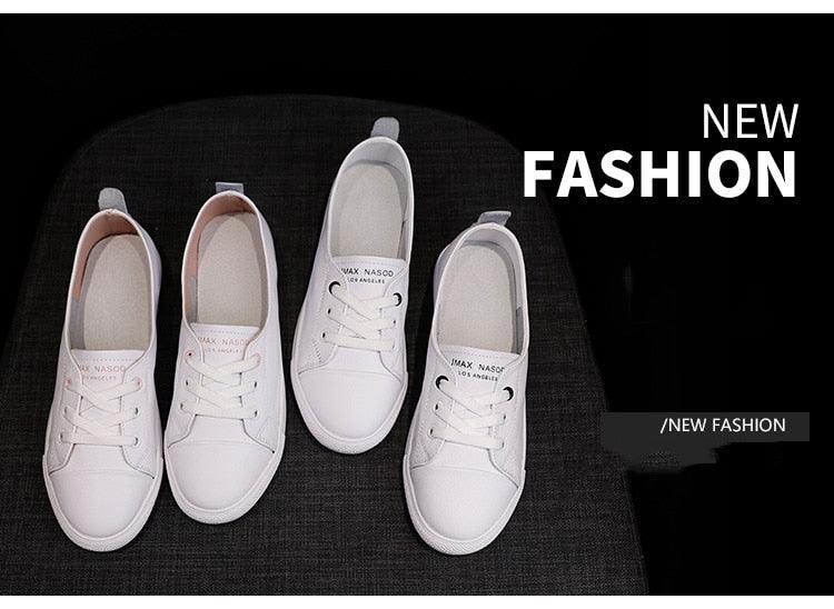 Women's White Leather Lace-Up Sneakers Casual Summer Flat Shoes