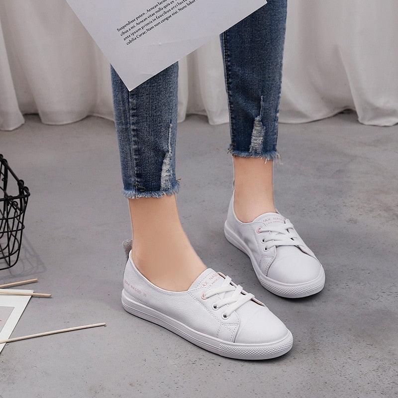 Women's White Leather Lace-Up Sneakers Casual Summer Flat Shoes