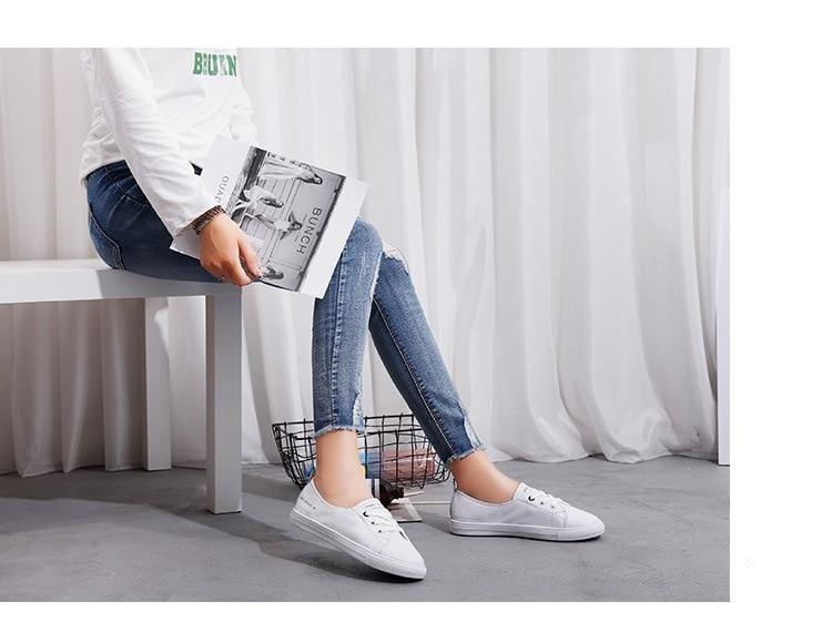 Women's White Leather Lace-Up Sneakers Casual Summer Flat Shoes
