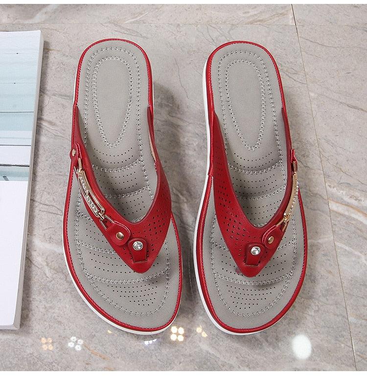 Women's Platform Thong Sandals with Arch Support & Metal Buttons