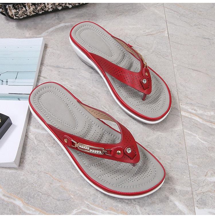Women's Platform Thong Sandals with Arch Support & Metal Buttons