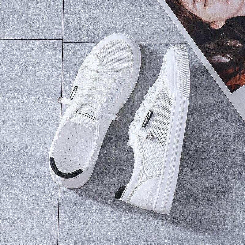 Women's White Mesh Breathable Casual Walking Sneakers Flat Shoes