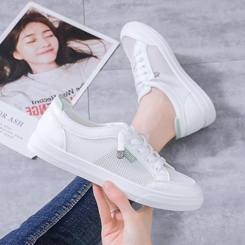 Women's White Mesh Breathable Casual Walking Sneakers Flat Shoes