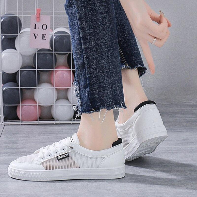 Women's White Mesh Breathable Casual Walking Sneakers Flat Shoes