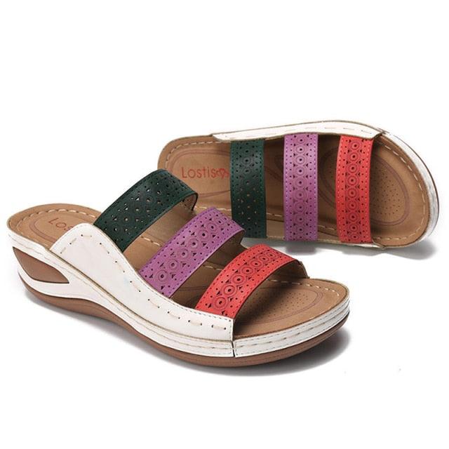 Vintage-inspired women's leather low-heel casual summer slip-on sandals