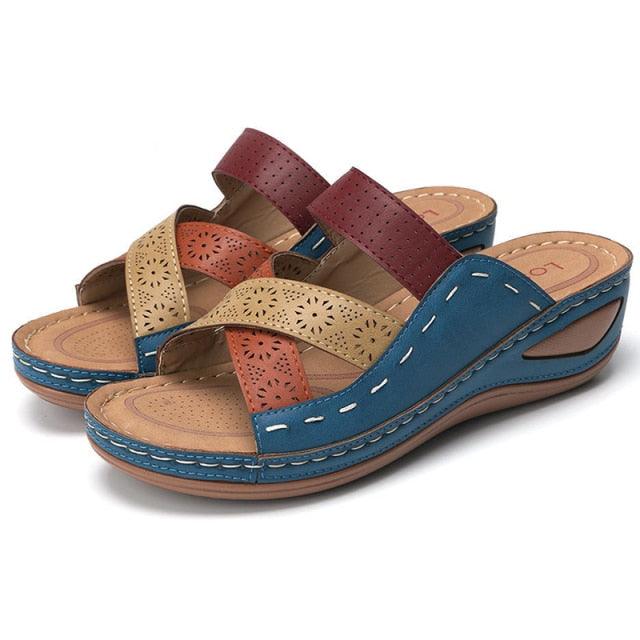 Women’s Vintage Leather Low Heel Casual Summer Slip-On Sandals