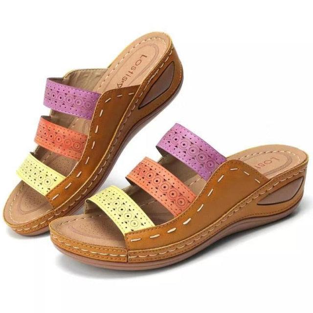 Women’s Vintage Leather Low Heel Casual Summer Slip-On Sandals