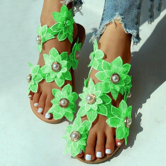 Floral Lace Flat Sandals with Pearl Detail Beach Flip Flops