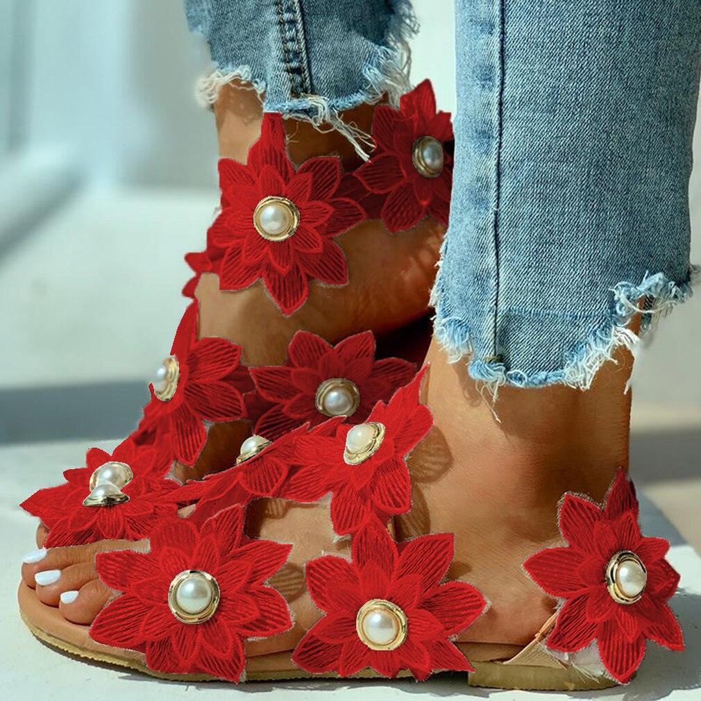 Floral Lace Flat Sandals with Pearl Detail Beach Flip Flops