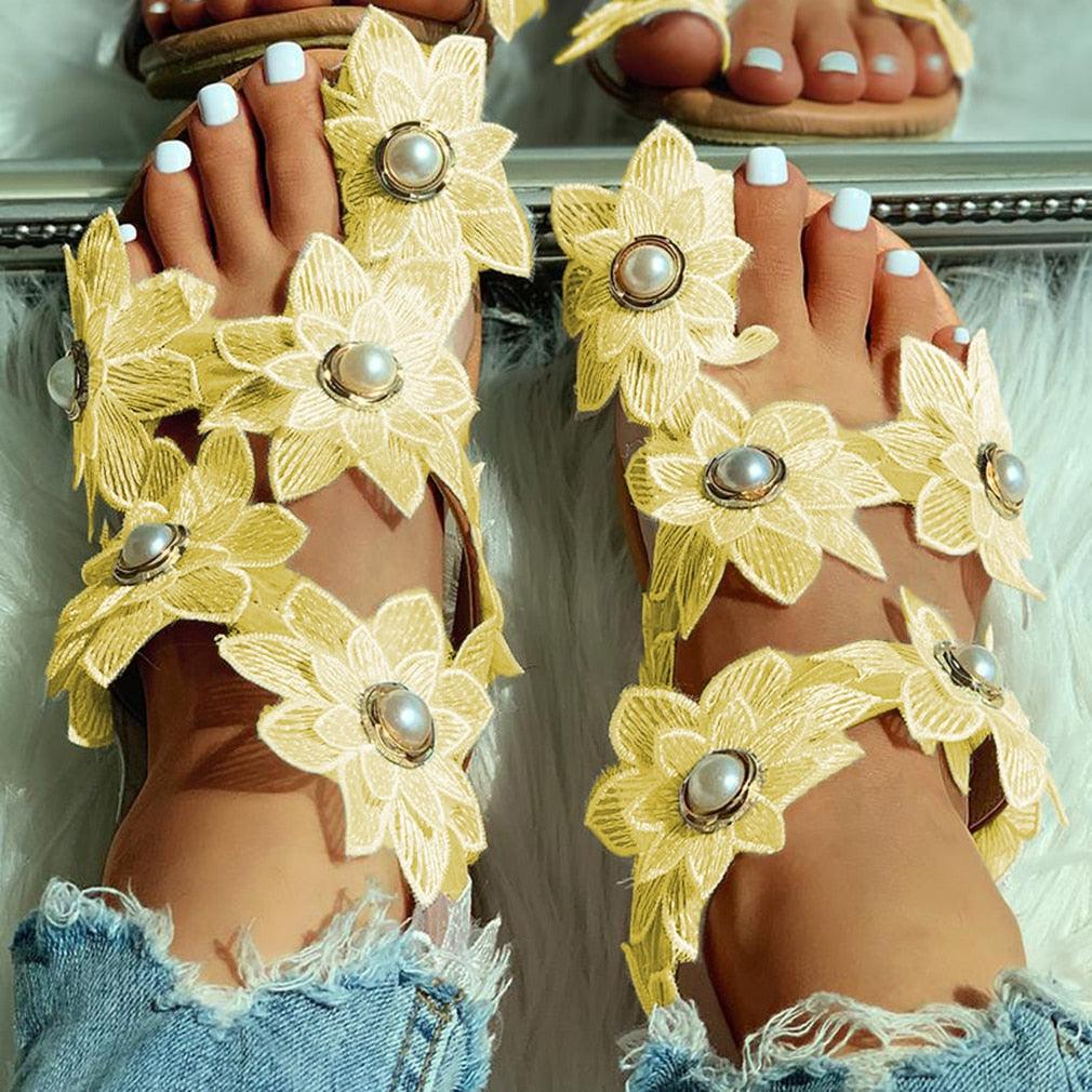 Floral Lace Flat Sandals with Pearl Detail Beach Flip Flops