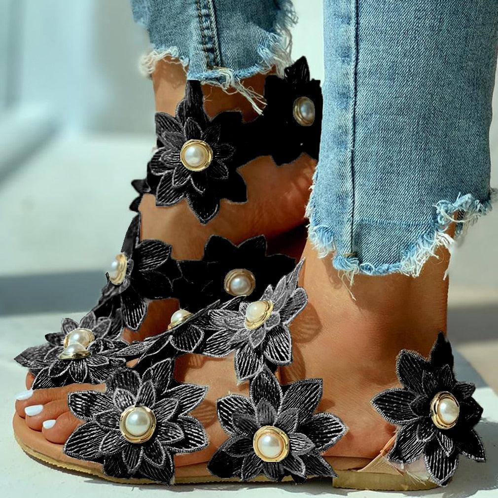 Floral Lace Flat Sandals with Pearl Detail Beach Flip Flops