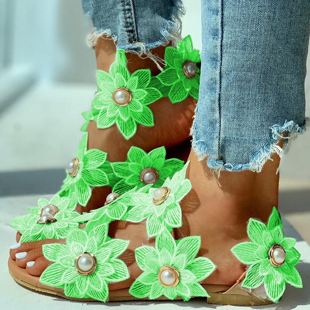 Floral Lace Flat Sandals with Pearl Detail Beach Flip Flops