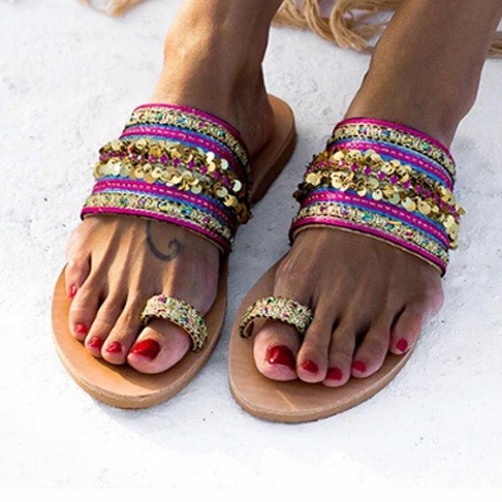 Bohemian Leather Toe Ring Sandals for Summer Beach Fashion
