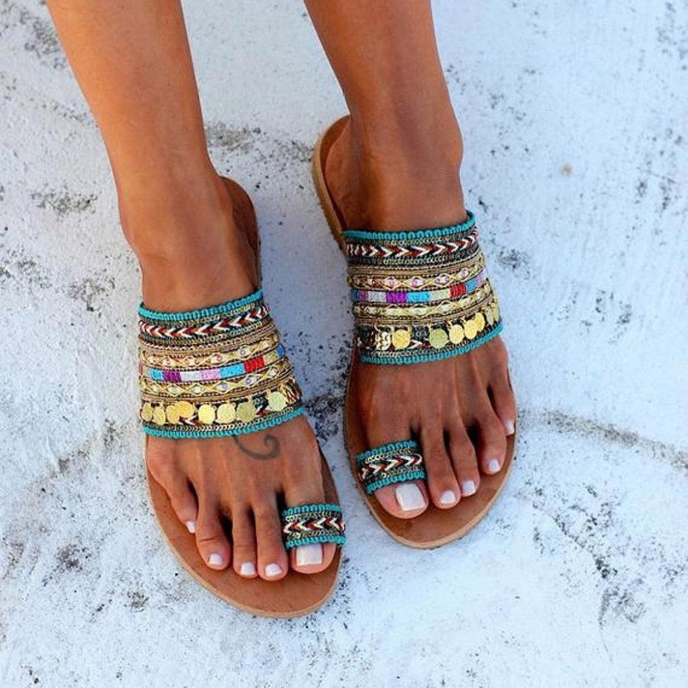 Bohemian Leather Toe Ring Sandals for Summer Beach Fashion