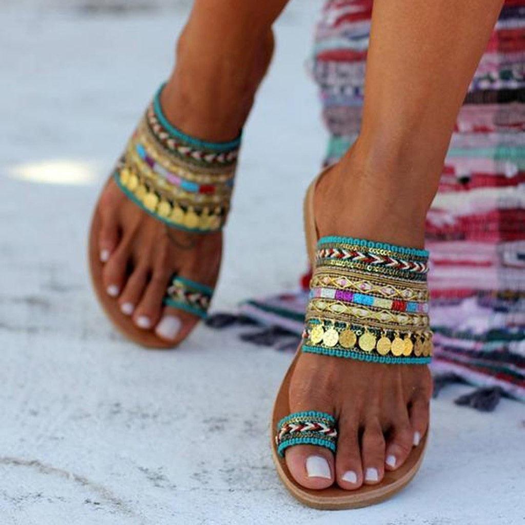 Women's handmade style leather toe ring sandals in tan and gold