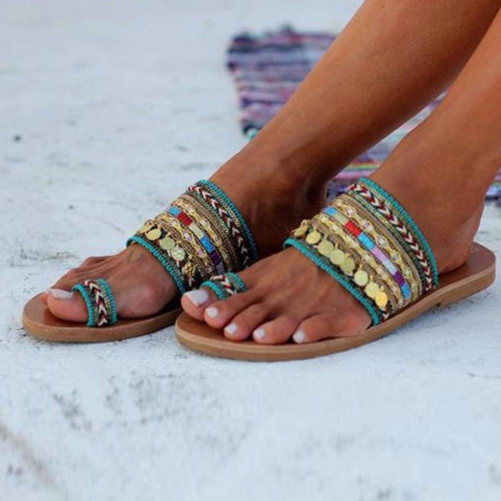 Bohemian Leather Toe Ring Sandals for Summer Beach Fashion