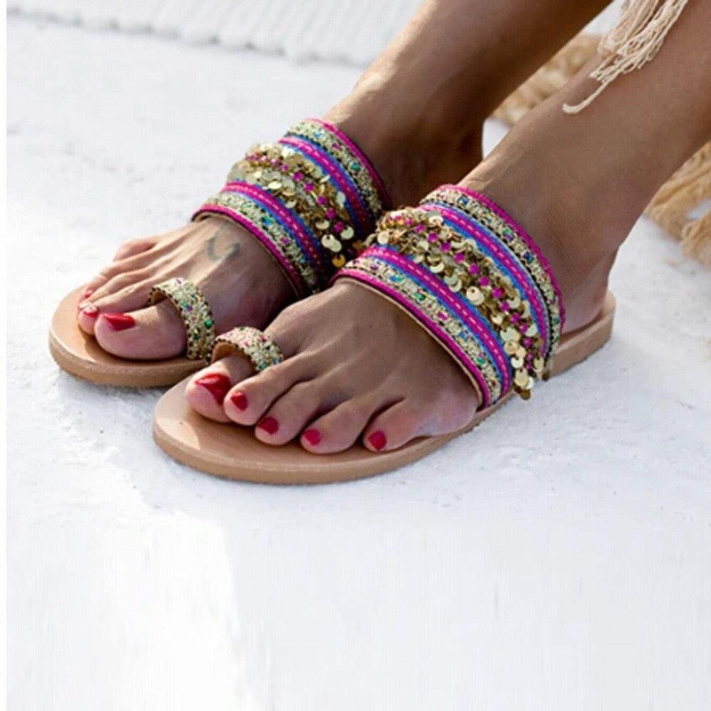 Bohemian Leather Toe Ring Sandals for Summer Beach Fashion