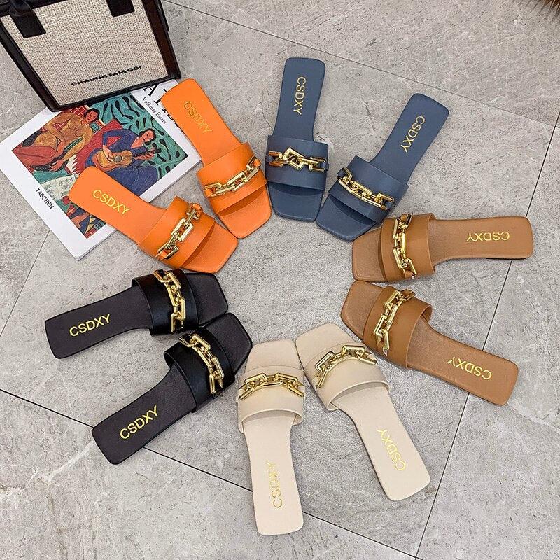 Gold Chain Detail Closed Toe Mules Flat Square Head Slip On Slides