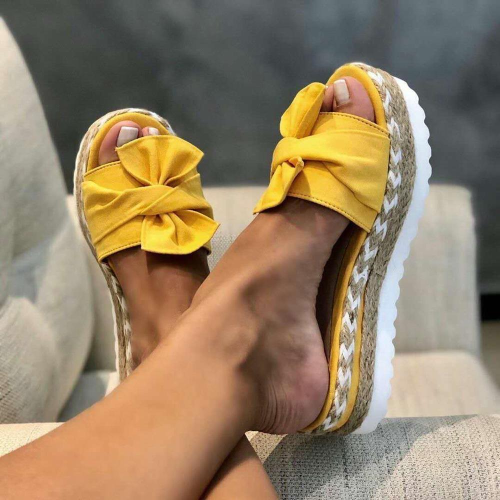 Women's yellow platform summer sandals with bow-knot detail and non-slip sole