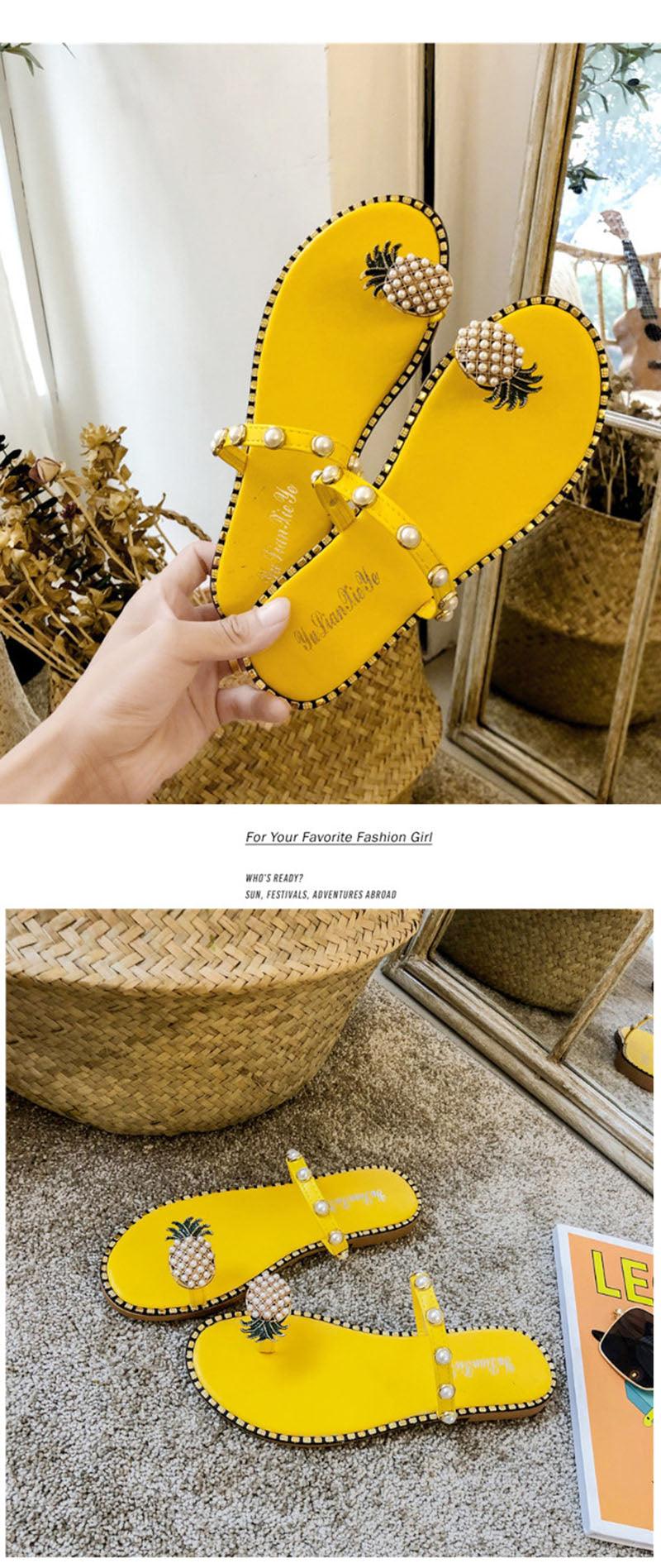 Women’s Strappy Pineapple Beaded Flat Sandals Beach Slides