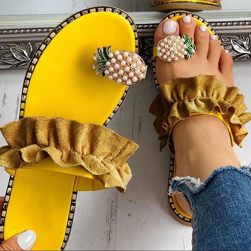Women's strappy flat sandals with pineapple bead embellishments for beachwear