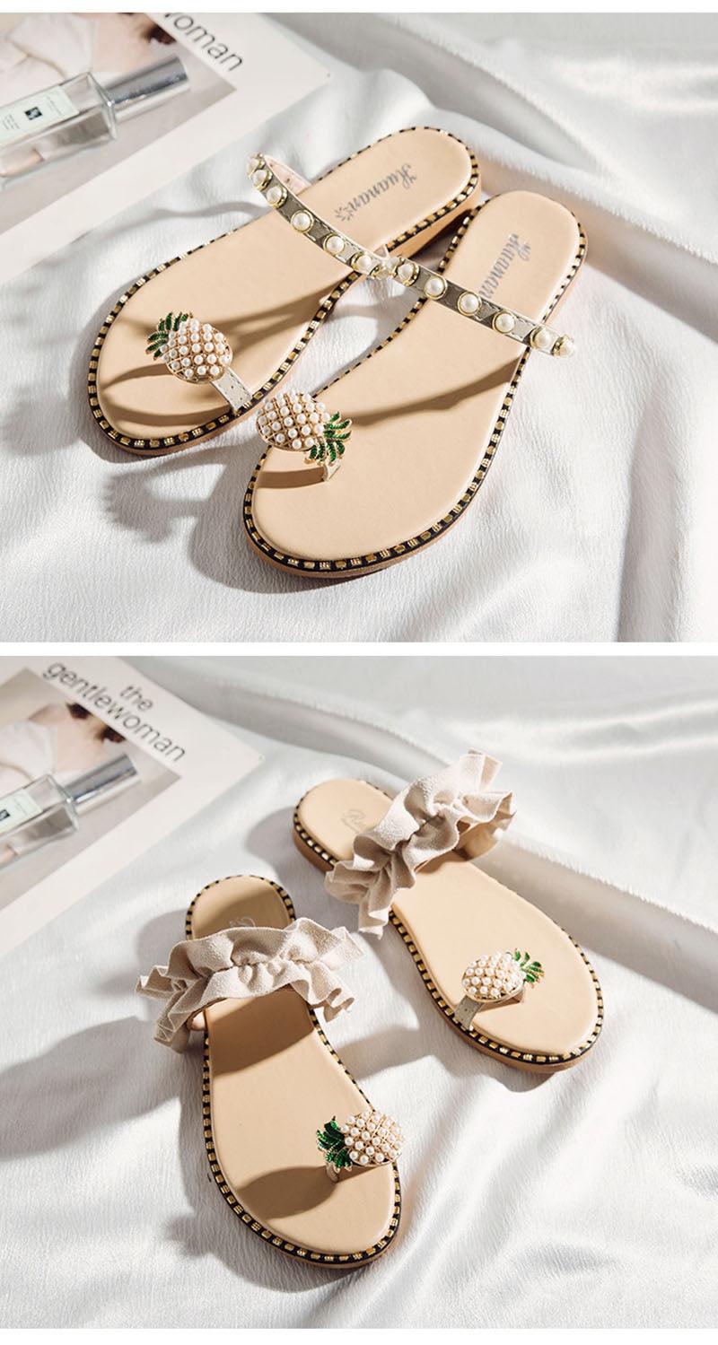 Women’s Strappy Pineapple Beaded Flat Sandals Beach Slides