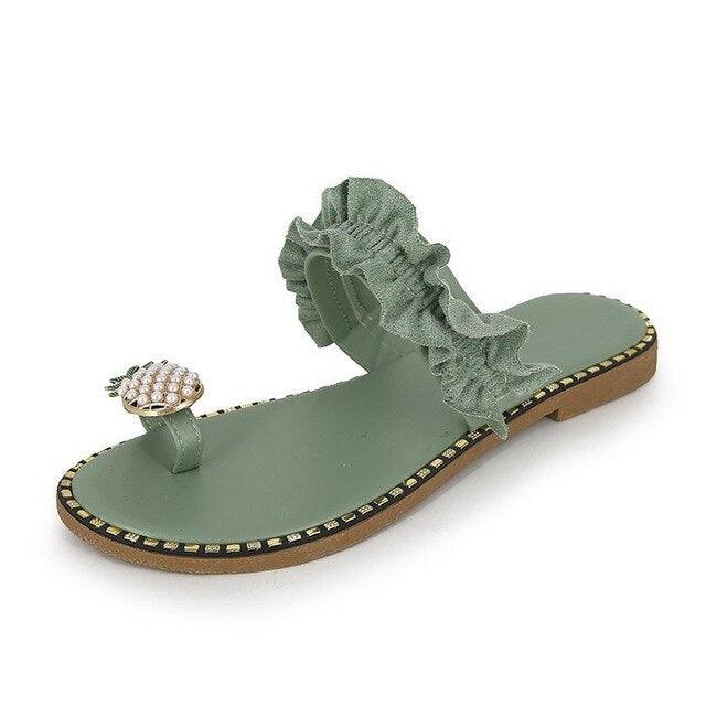 Women’s Strappy Pineapple Beaded Flat Sandals Beach Slides