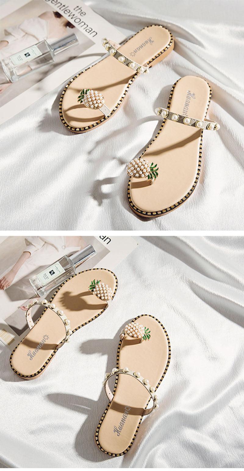 Women’s Strappy Pineapple Beaded Flat Sandals Beach Slides