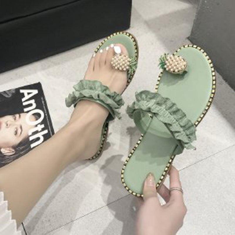 Women’s Strappy Pineapple Beaded Flat Sandals Beach Slides