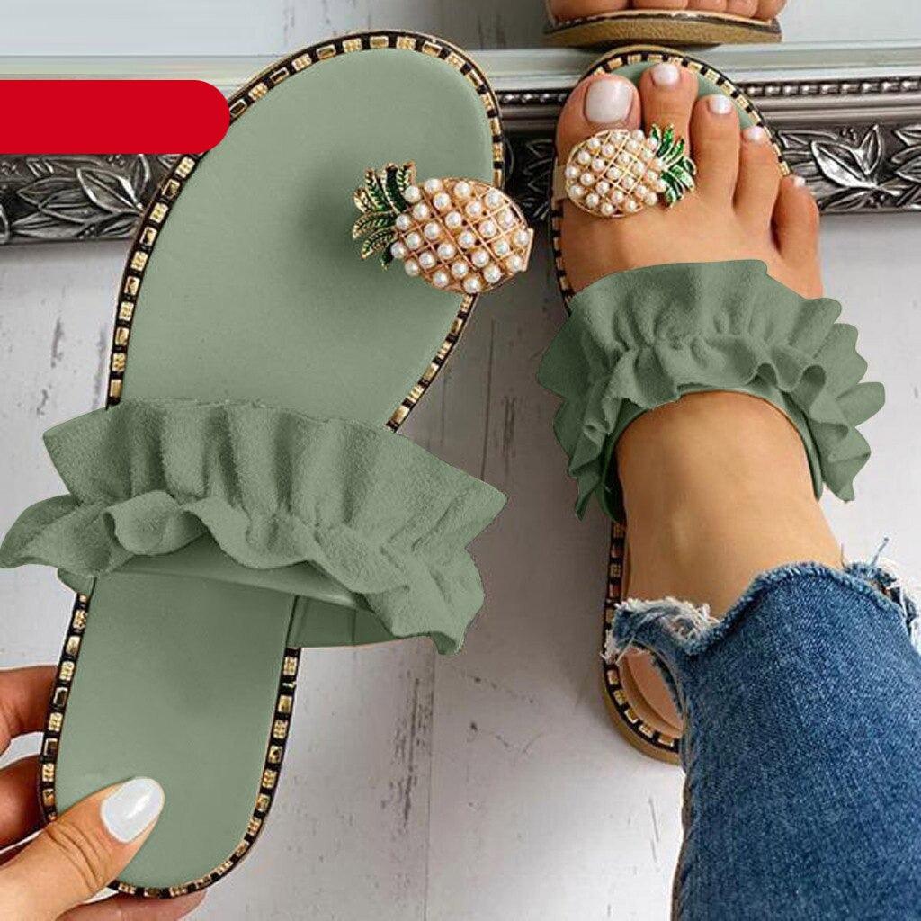 Women’s Strappy Pineapple Beaded Flat Sandals Beach Slides