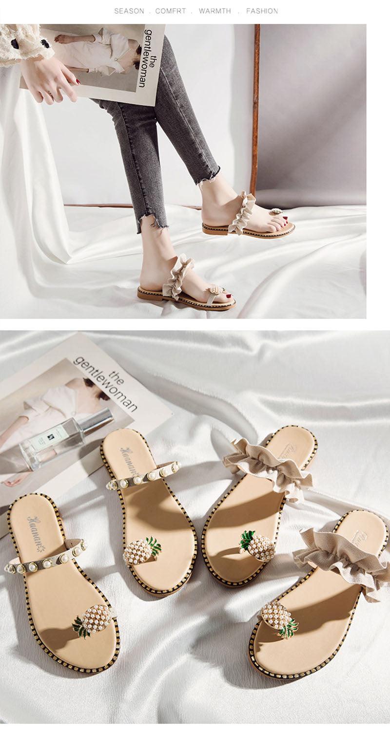 Women’s Strappy Pineapple Beaded Flat Sandals Beach Slides