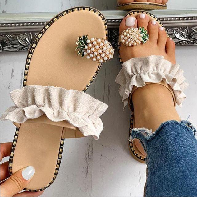 Women’s Strappy Pineapple Beaded Flat Sandals Beach Slides