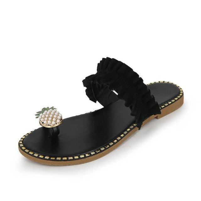 Women’s Strappy Pineapple Beaded Flat Sandals Beach Slides