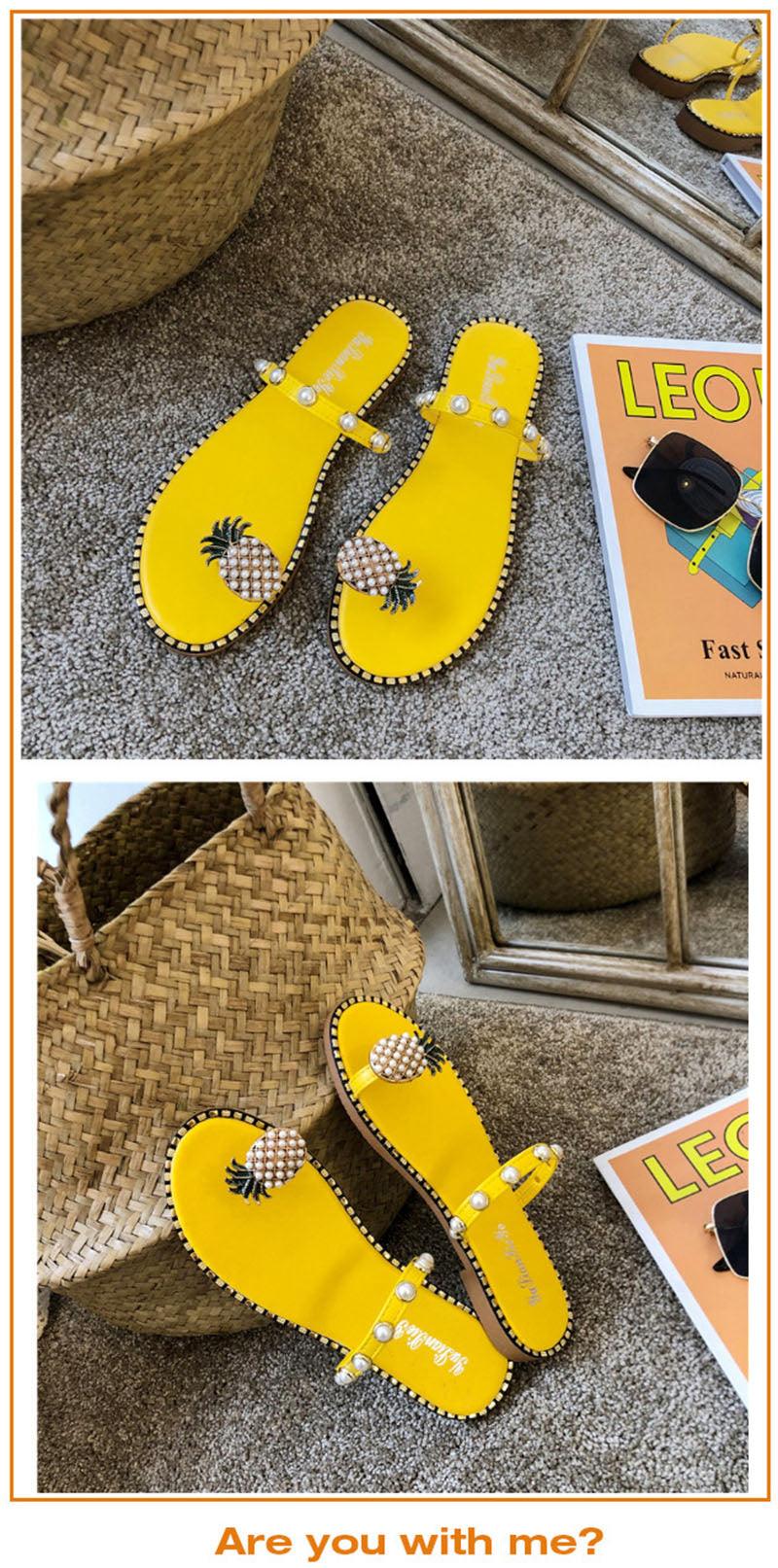 Women’s Strappy Pineapple Beaded Flat Sandals Beach Slides