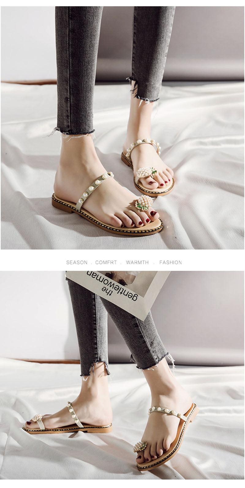 Women’s Strappy Pineapple Beaded Flat Sandals Beach Slides