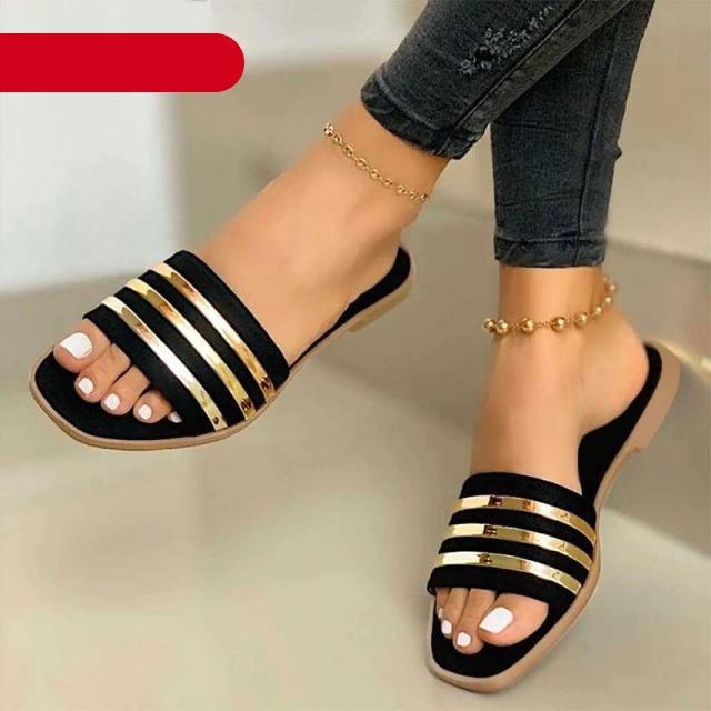 Women's Black Summer Flat Sandals Casual Open-Toe Beach Flip-Flops