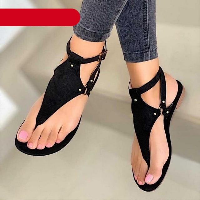 Women's Black Summer Flat Sandals Casual Open-Toe Beach Flip-Flops