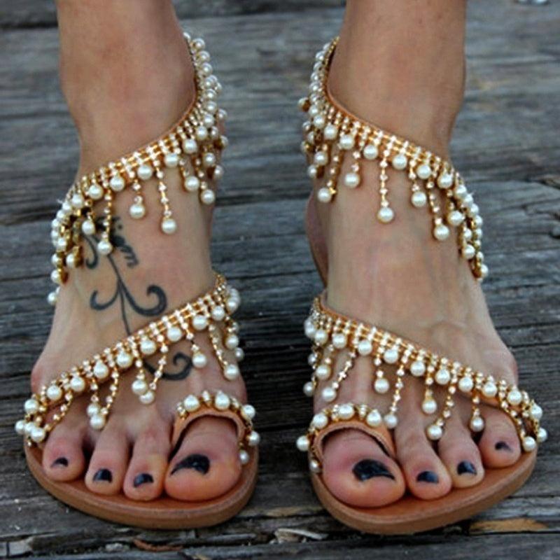 Women’s Pearl T-Strap Flat Sandals for Summer Resort Wear