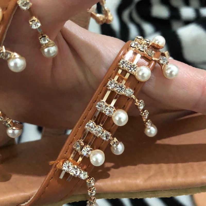 Women’s Pearl T-Strap Flat Sandals for Summer Resort Wear